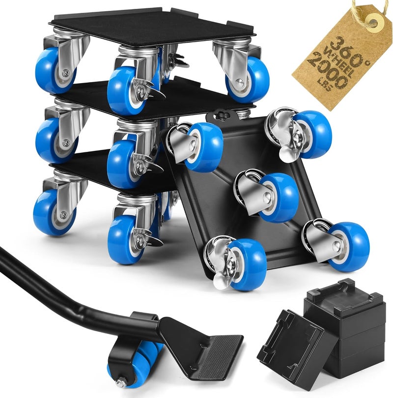 Shnbxtnd Heavy Duty Furniture Moving Tool Set, Supports up to 2000 Pounds, 5 Wheel Metal Furniture Mover, Furniture Dolly, Appliance Furniture Sliders with Wheels, Furniture Lifter Tool (Blue, 6.5" x6.5") - Image 1